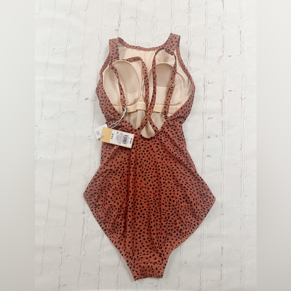 [Kona Sol] NWT high coverage brown black spot one piece swimsuit women’s Small - Picture 2 of 3